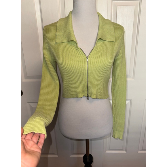 LA Hearts Sweaters - Y2K Neon Green Cropped Zip Up Sweater Rave Cyber Baby Fit